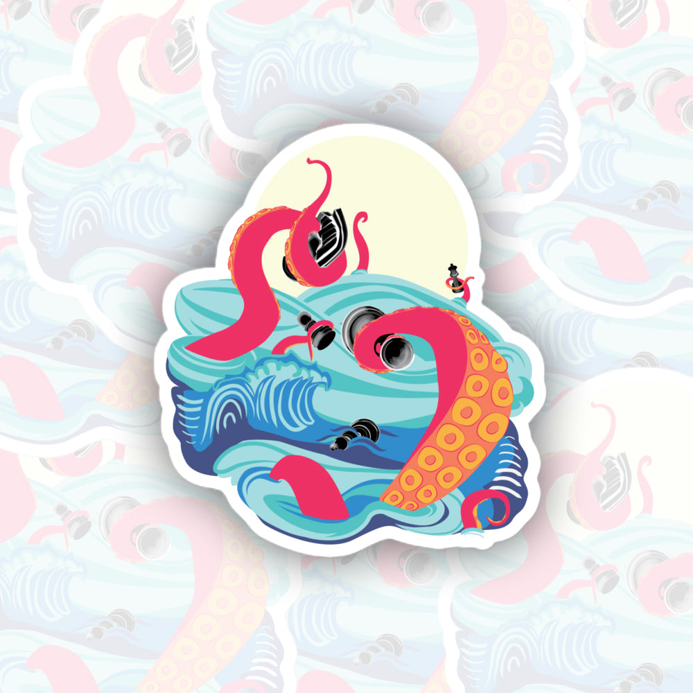 Chess Kraken Sticker, Angry Octopus vs Chess Decal, Trendy Sea Monster